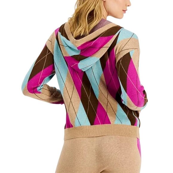 Charter Club Hooded Argyle Cardigan Sweater Tan Turquoise Pink Brown Size L - Picture 4 of 8